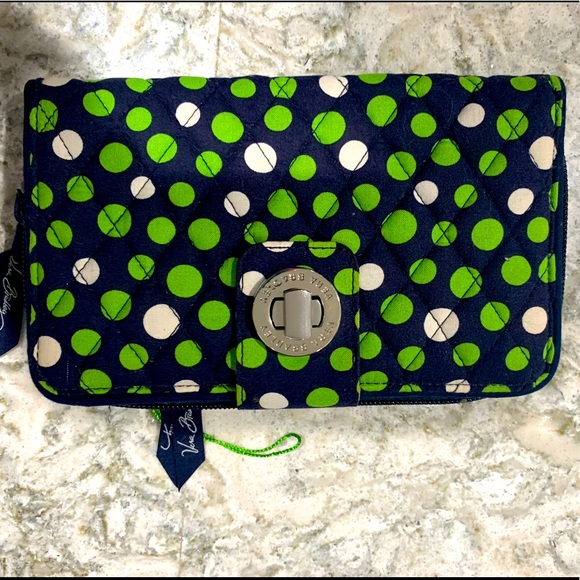 Vera Bradley Handbags - Vera Bradley Green Navy Polka Dot Clutch Wallet